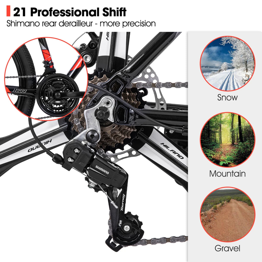 Hiland Mountain Bike, Shimano 21 Speeds Drivetrain, Aluminum Frame 26 Inch Wheels, with Disc-Brake