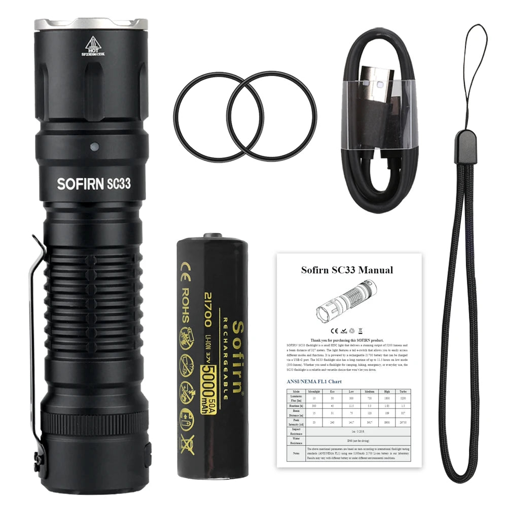 Sofirn SC33 XHP70.3 HI LED Flashlight Tactical 5200lm Powerful 21700 USB C Rechargeable
