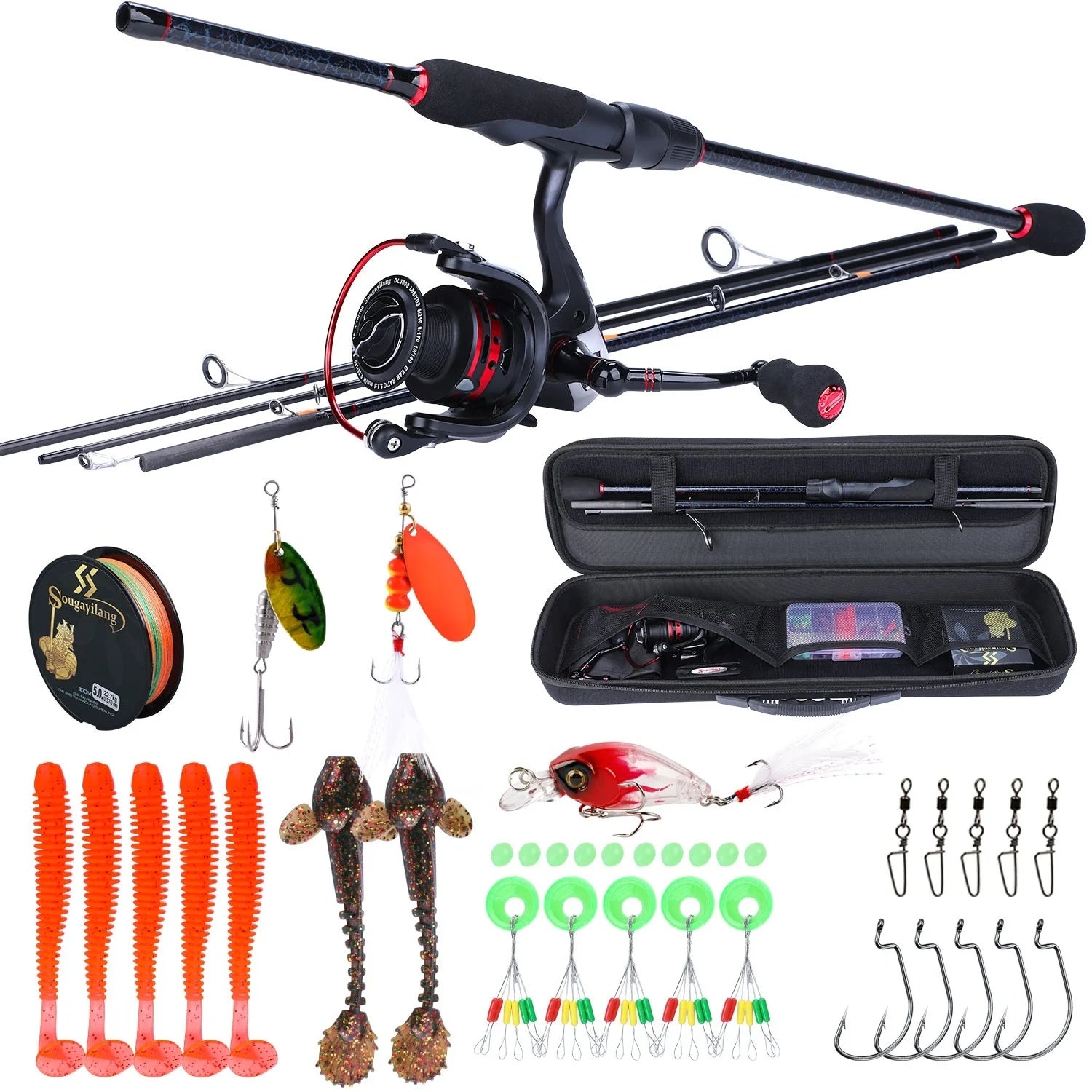 Sougayilang 1.8-2.4m Portable CarbonFishing Rod  and 13+1BB Spinning Fishing Reel and Line Bag Fishing Accessories Set