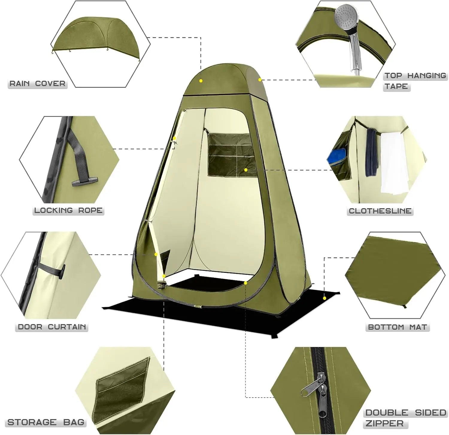 Pop Up Shower Tent, Portable Privacy Camping Changing Shelter with Rain Cover & Windows, UPF 50+ Waterproof