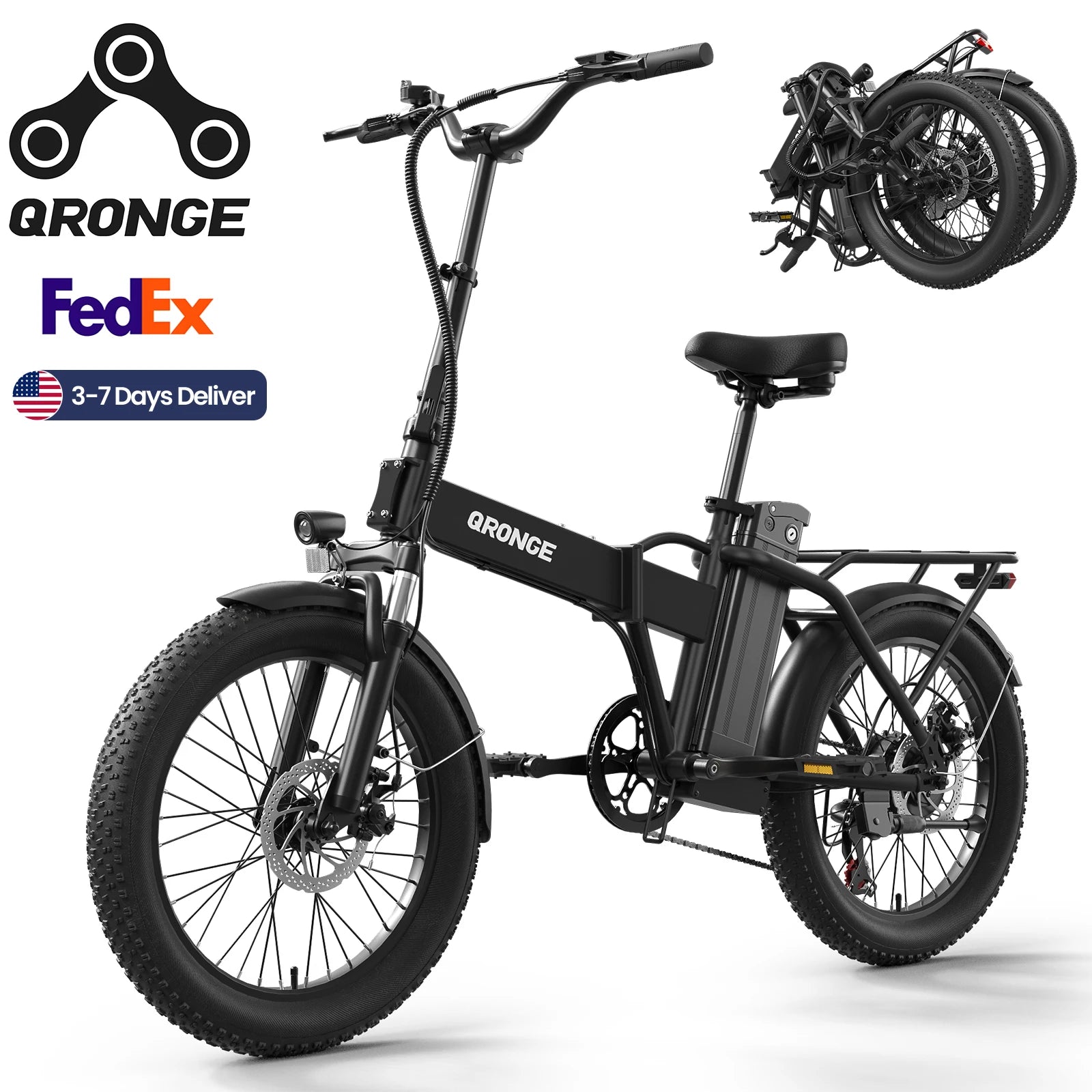 QRONGE Waterfall Folding Electric Bike 1000W Peak 48V 13.5AH Removable Battery Electric Bicycle 20" Fat Tire 28 MPH
