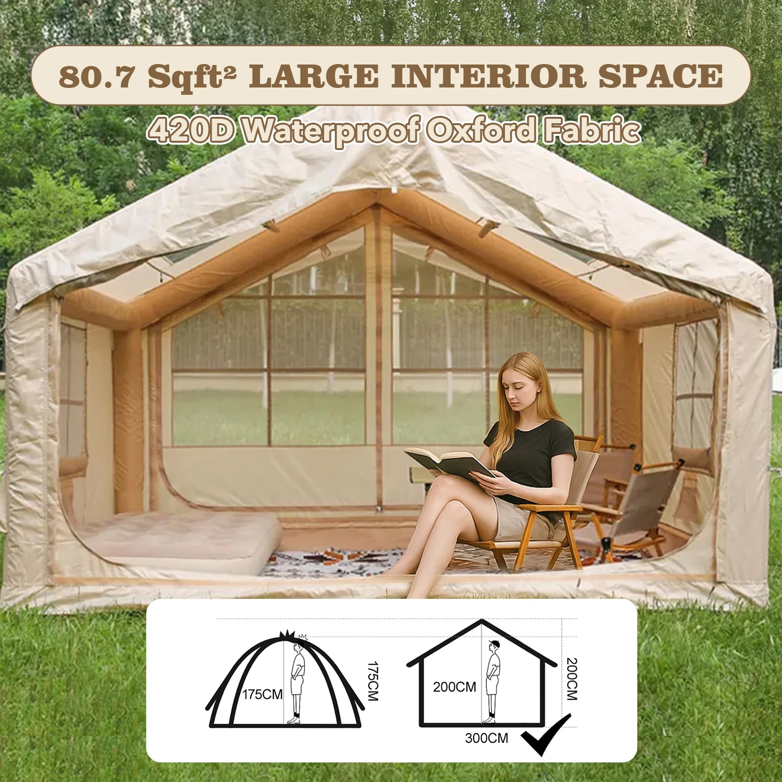 80.7 Square Feet Inflatable Tent with Air Conditioning Vent,4 Season Glamping Blow up Tent