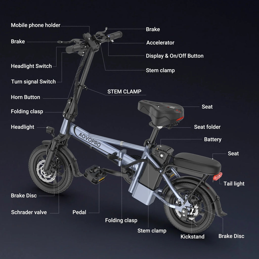 AOVOPRO 14'' EB60 Foldable Electric Bike 500W 48V 10.4AH Battery 22MPH Max Speed