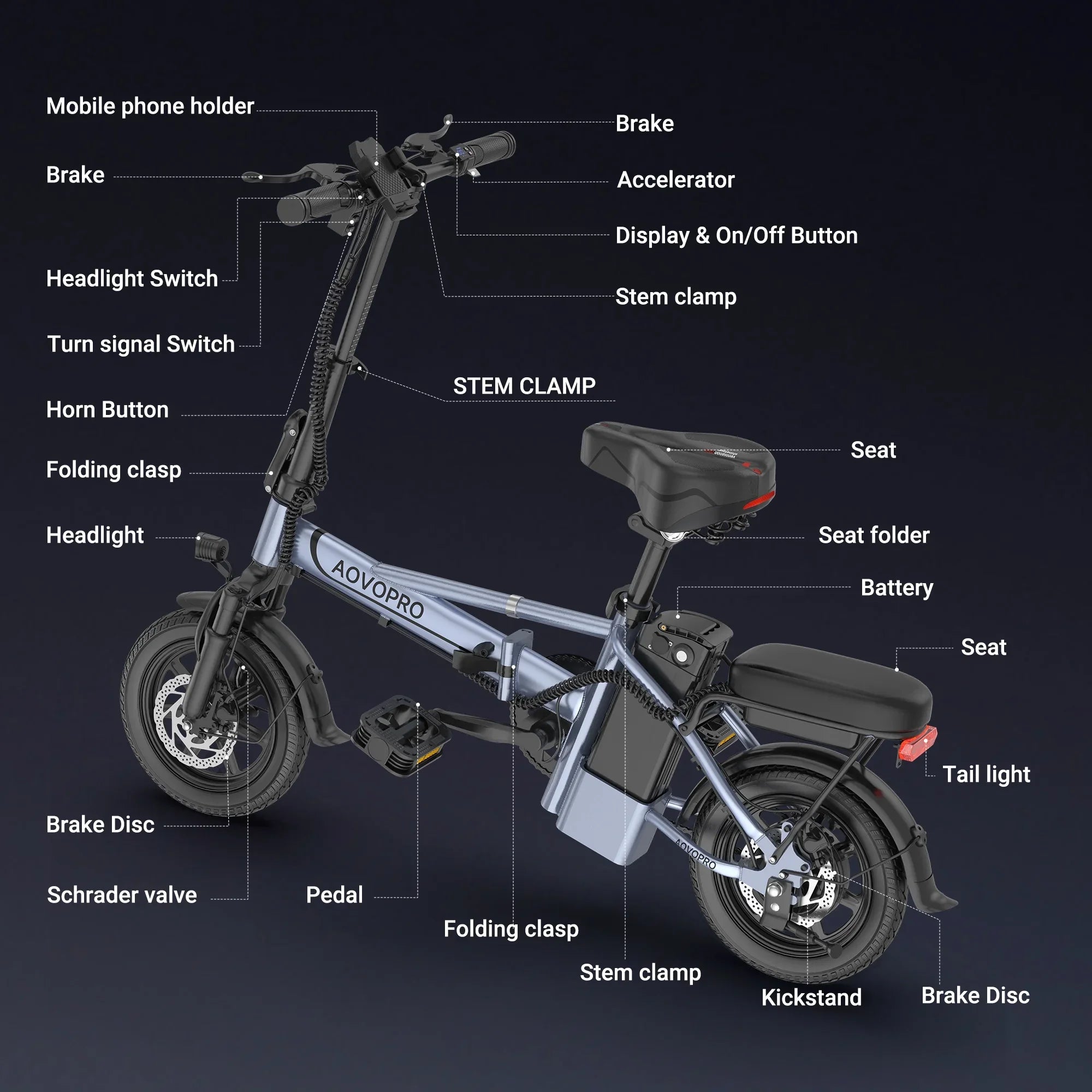 AOVOPRO 14'' EB60 Foldable Electric Bike 500W 48V 10.4AH Battery 22MPH Max Speed