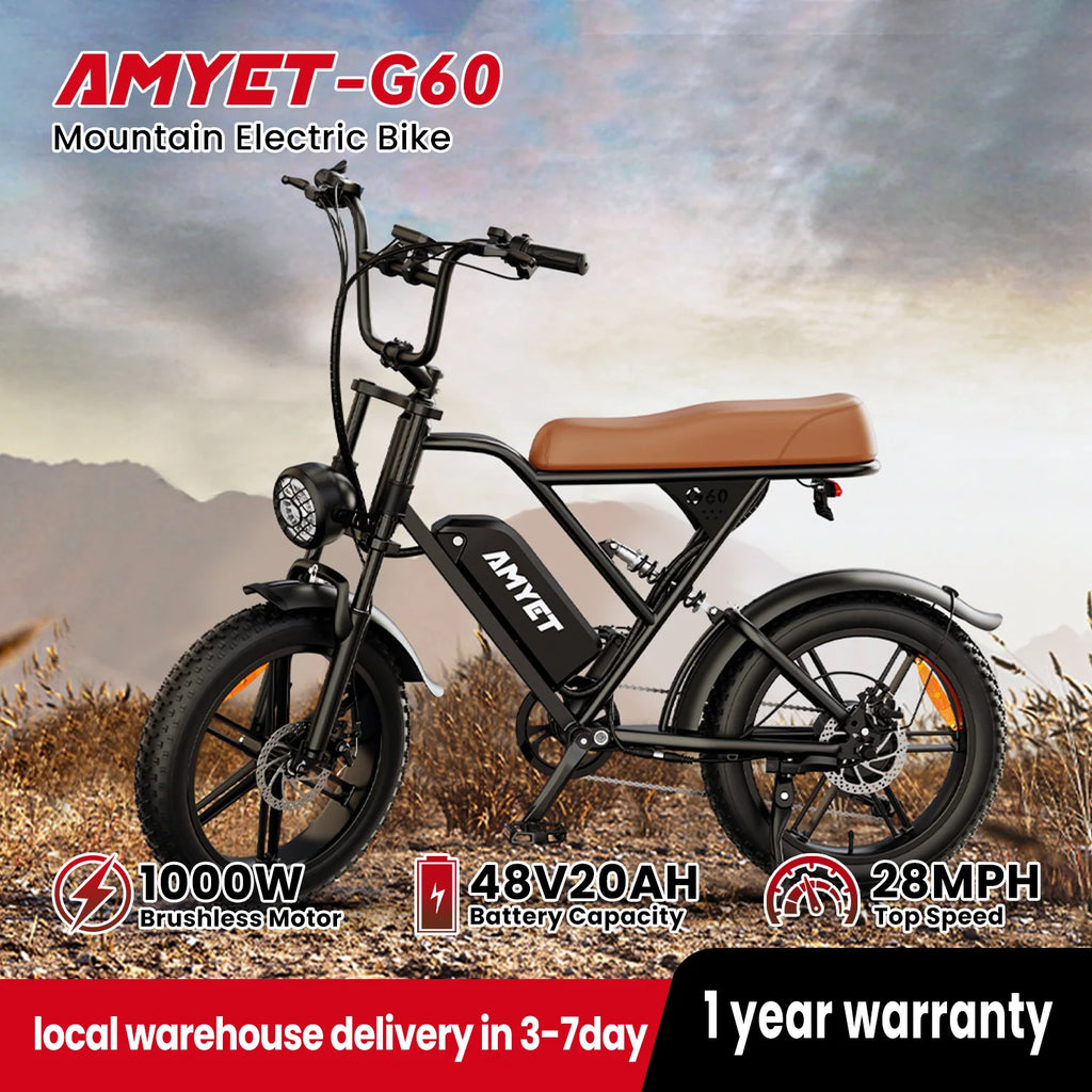 AMYET V9-G60 Adults Electric Bike 1000W Motor Bicycle 48V 20AH 20“ Tire Ebike