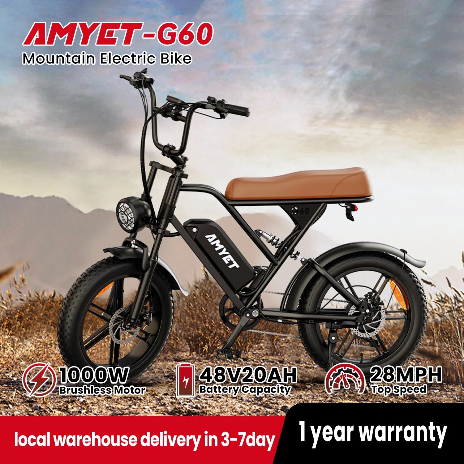 AMYET V9-G60 Adults Electric Bike 1000W Motor Bicycle 48V 20AH 20“ Tire Ebike