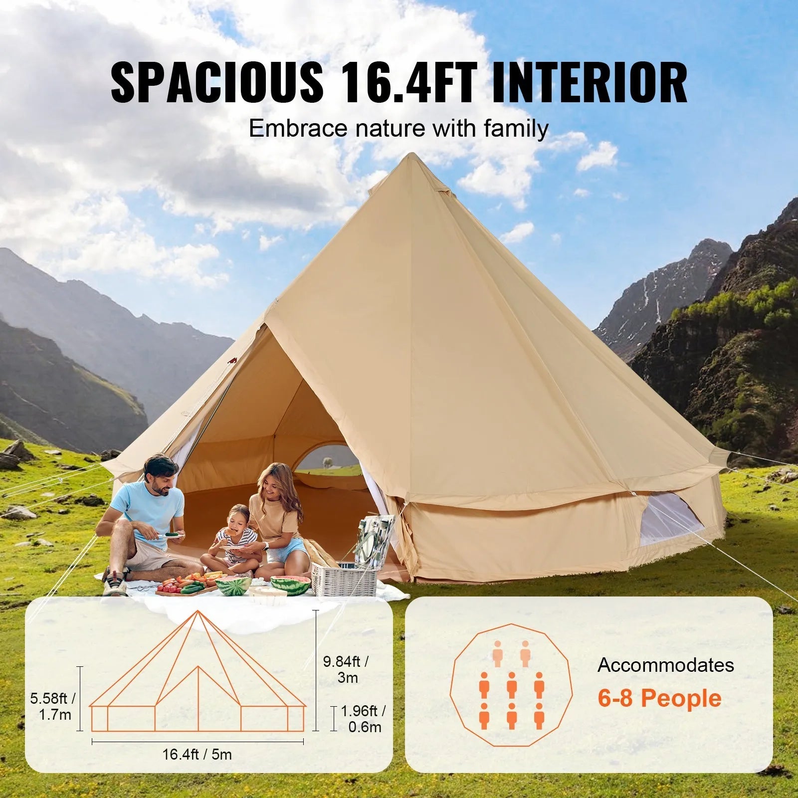Canvas Bell Tent 5m/16.4ft 4-Season Camping Yurt Tent with Stove Jack