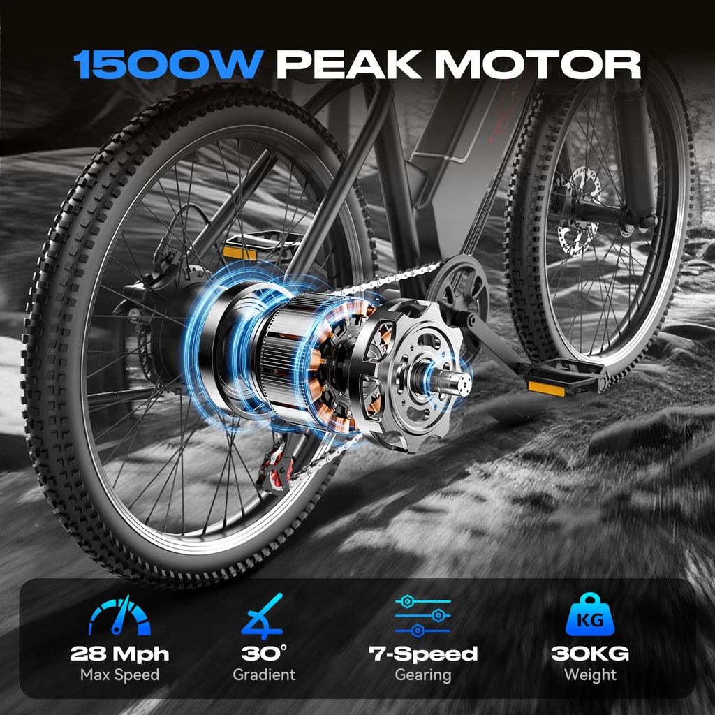 Electric Bike for Adults, 1500W Peak Ebike, 60Miles 25MPH  26" Adult Electric Bicycle with 48V Battery