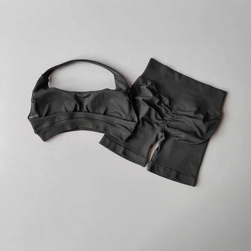 High Waist Peach Sports Bras Shorts Suit