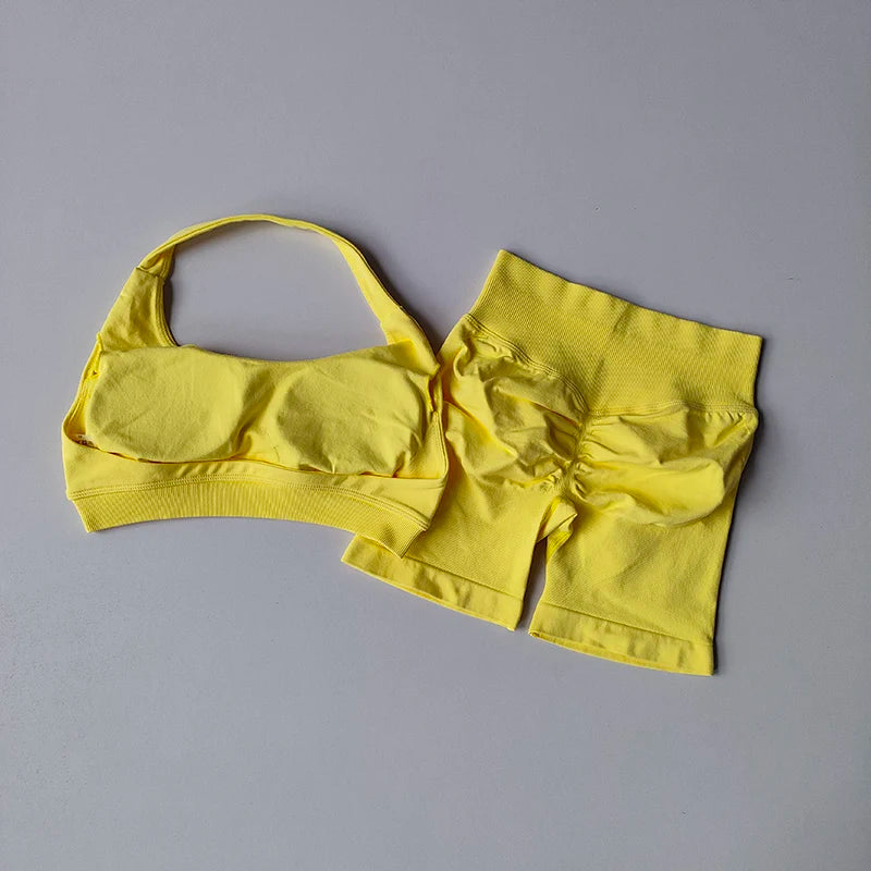High Waist Peach Sports Bras Shorts Suit