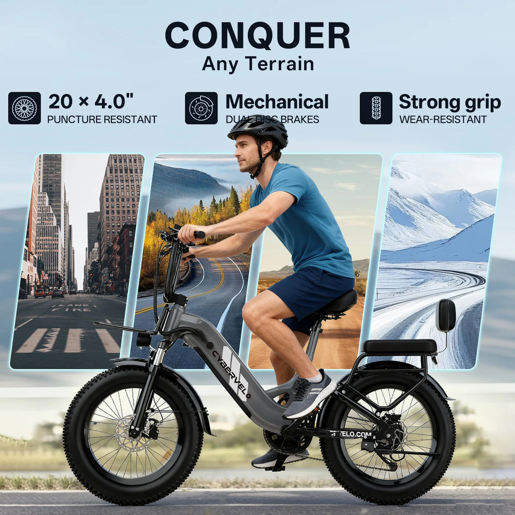 Cybervelo Step-Thru Electric Bike for Adults, 48V 20AH Removable Battery, 20" Fat Tire Shimano 7-Speed Commuter