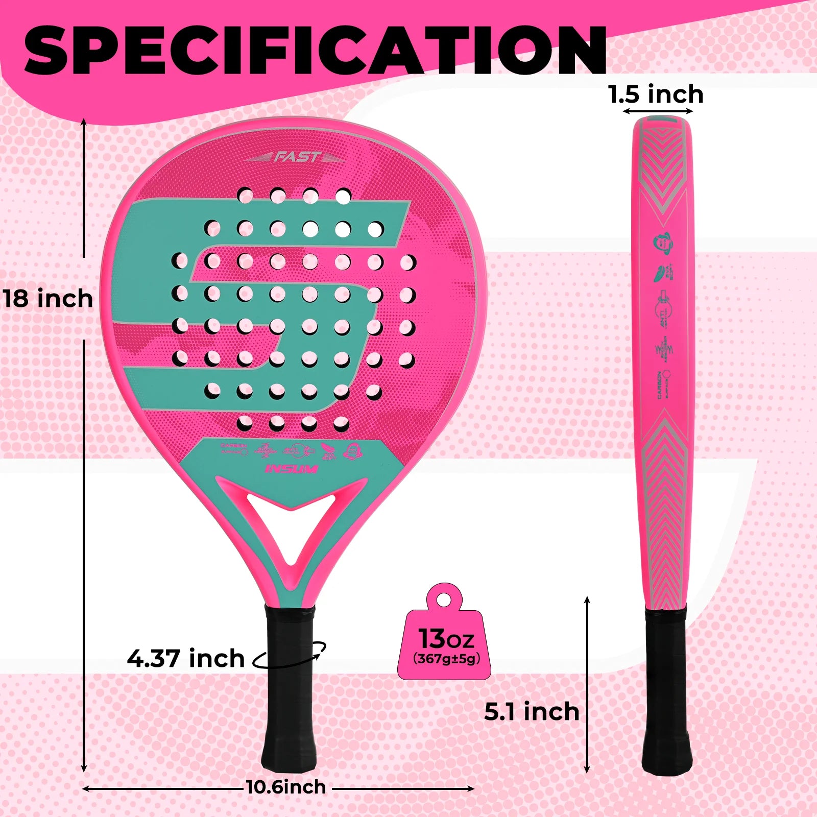 INSUM Paddle Racket Carbon Fiber Surface with EVA Memory Flex Foam Core
