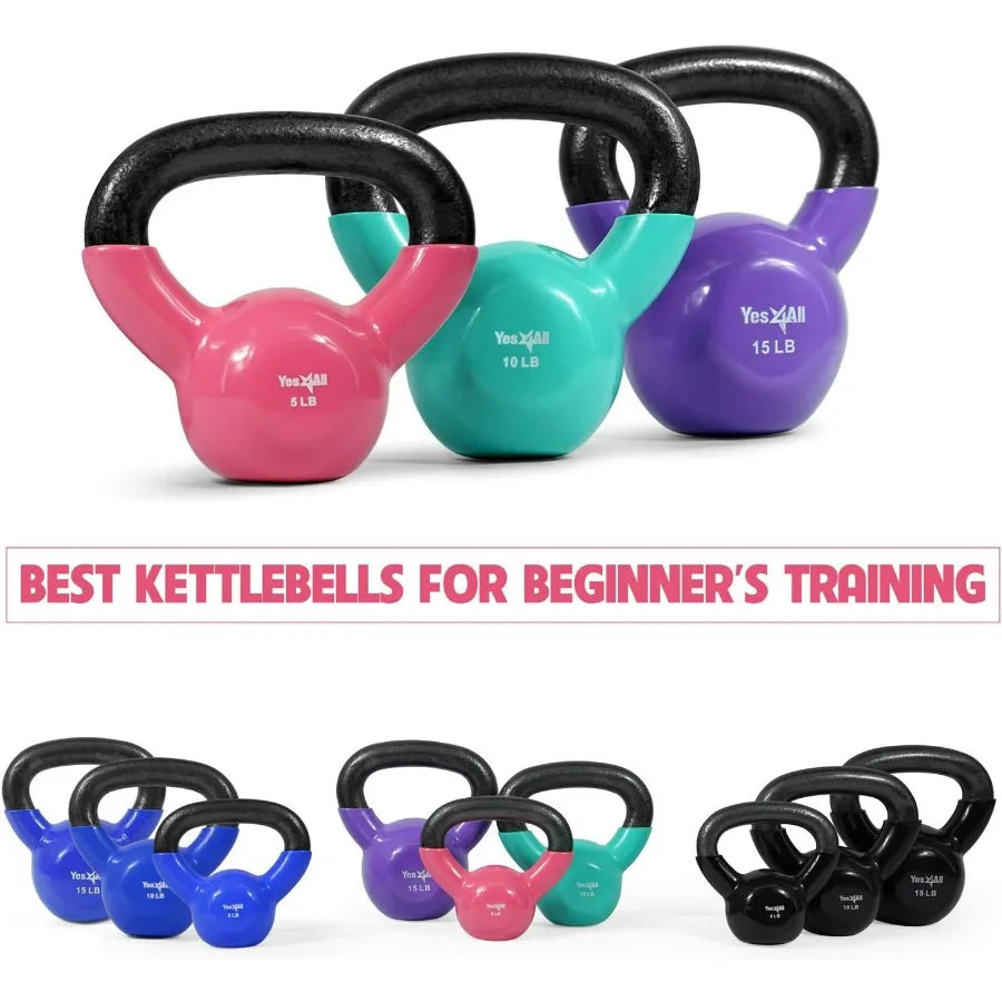 Kettlebell, Vinyl Coated Kettlebell Cast Iron Sets with Stable Flat Bottom