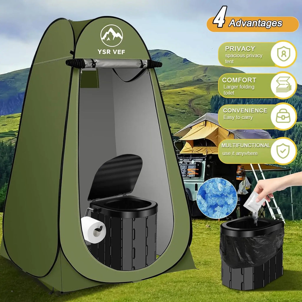 Portable Pop-Up Camping Toilet Tent with Shower & Changing Room, Includes Toilet Bags and Gel