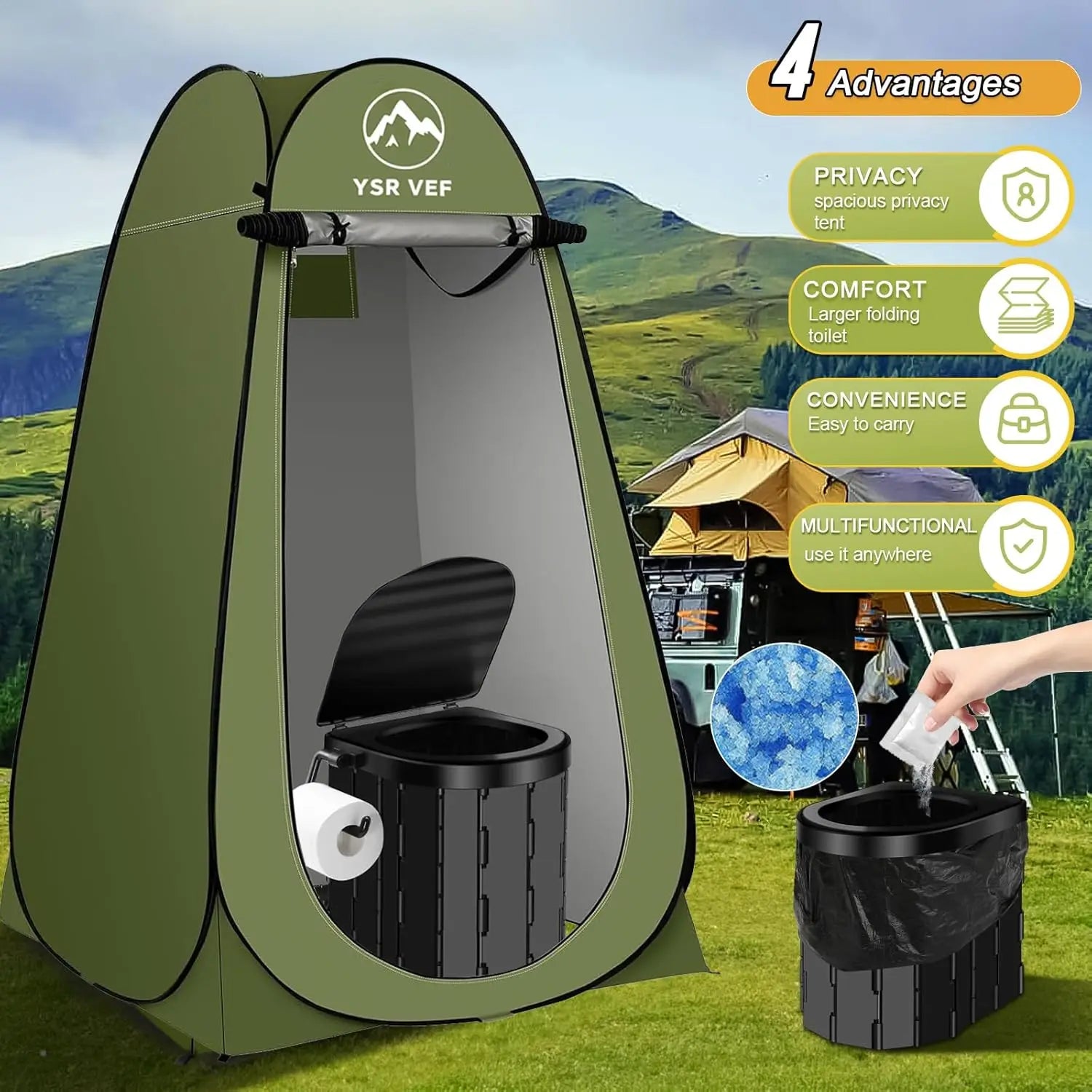 Portable Pop-Up Camping Toilet Tent with Shower & Changing Room, Includes Toilet Bags and Gel