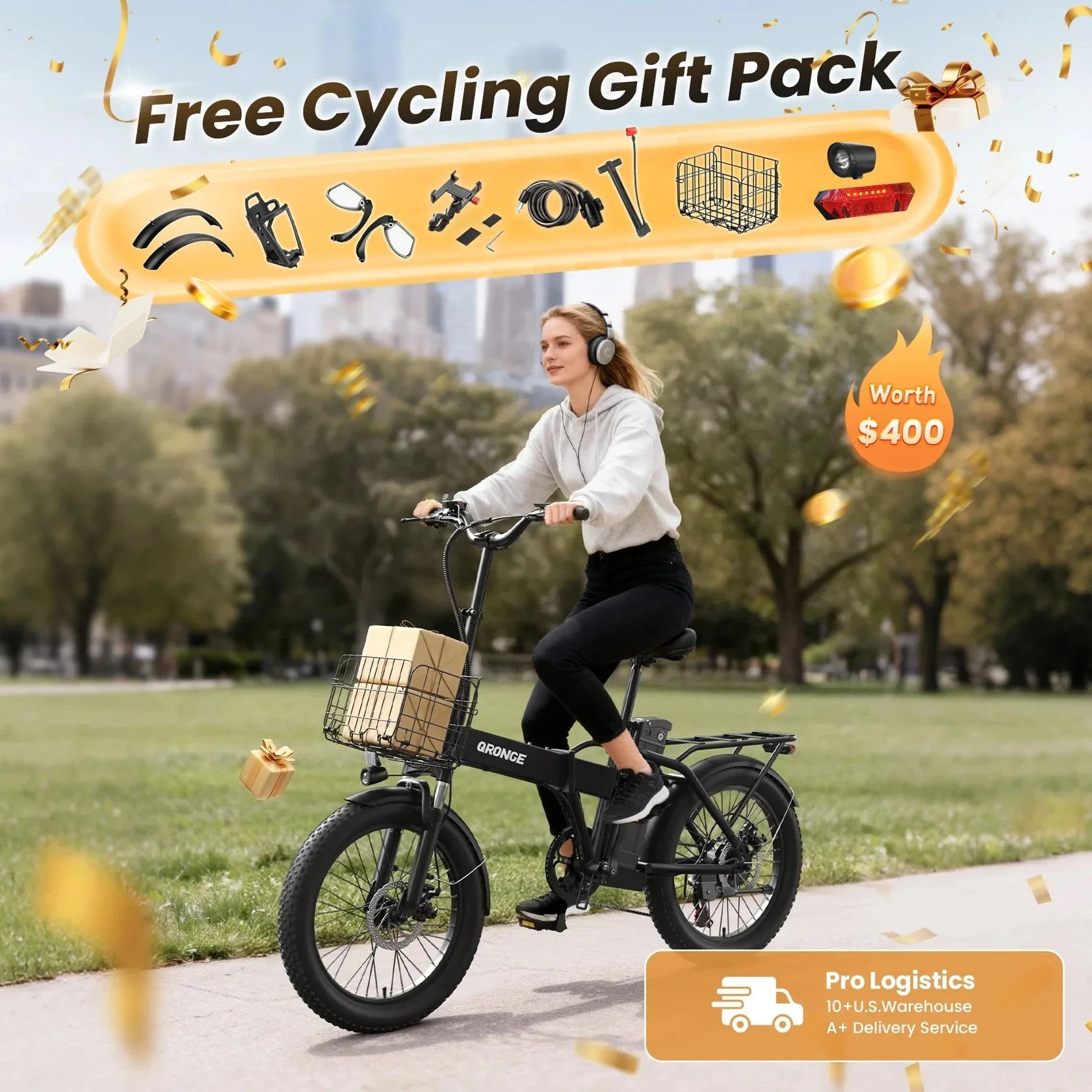 QRONGE Waterfall Folding Electric Bike 1000W Peak 48V 13.5AH Removable Battery Electric Bicycle 20" Fat Tire 28 MPH