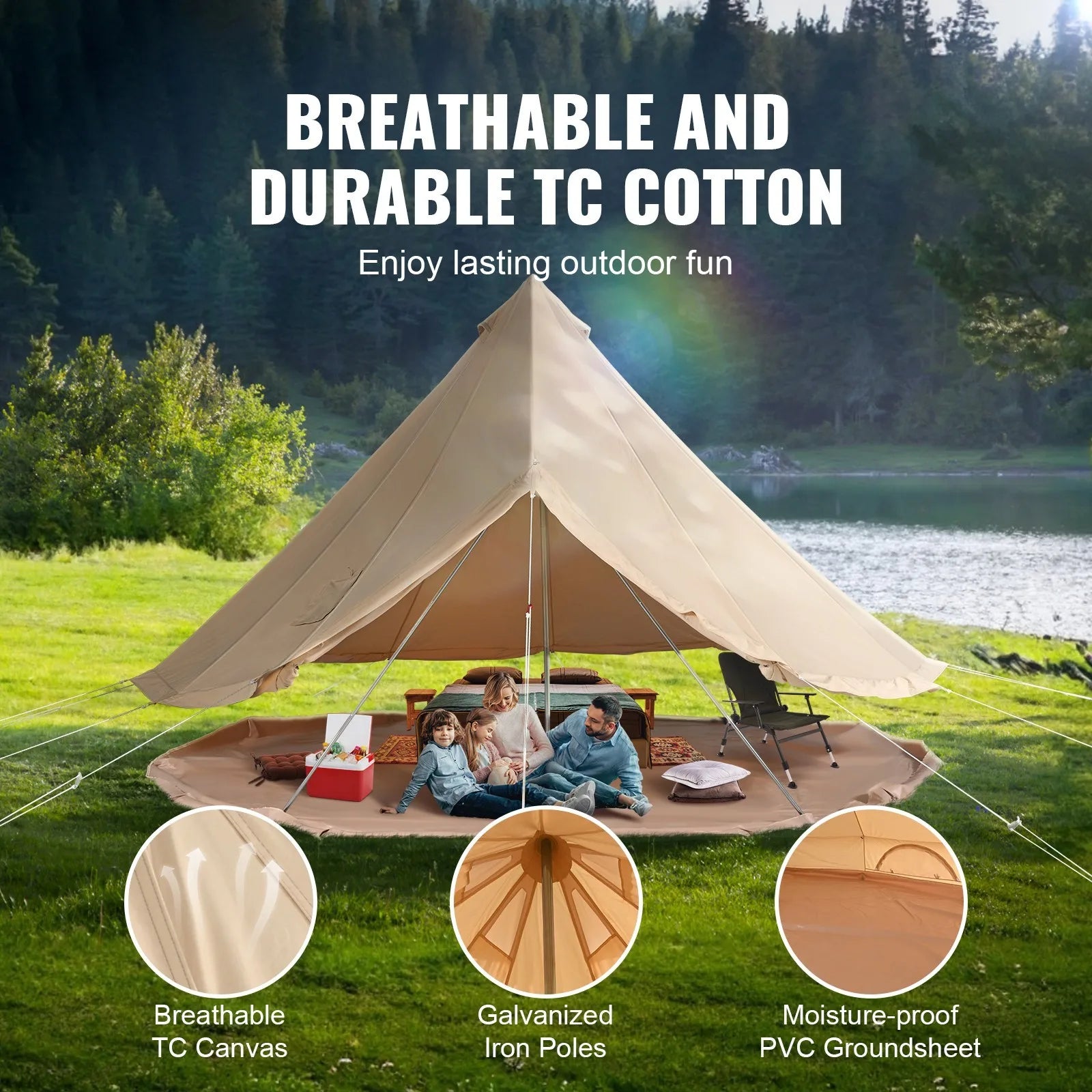 Canvas Bell Tent 5m/16.4ft 4-Season Camping Yurt Tent with Stove Jack