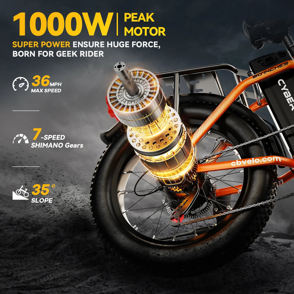 Cybervelo 1000W Folding Electric Bike, 48V 20AH Removable Battery 30+MPH 80Miles Max Range, 20"Fat Tire 7-Speed EK4