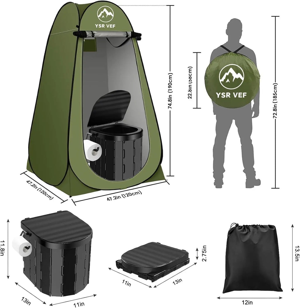 Portable Pop-Up Camping Toilet Tent with Shower & Changing Room, Includes Toilet Bags and Gel