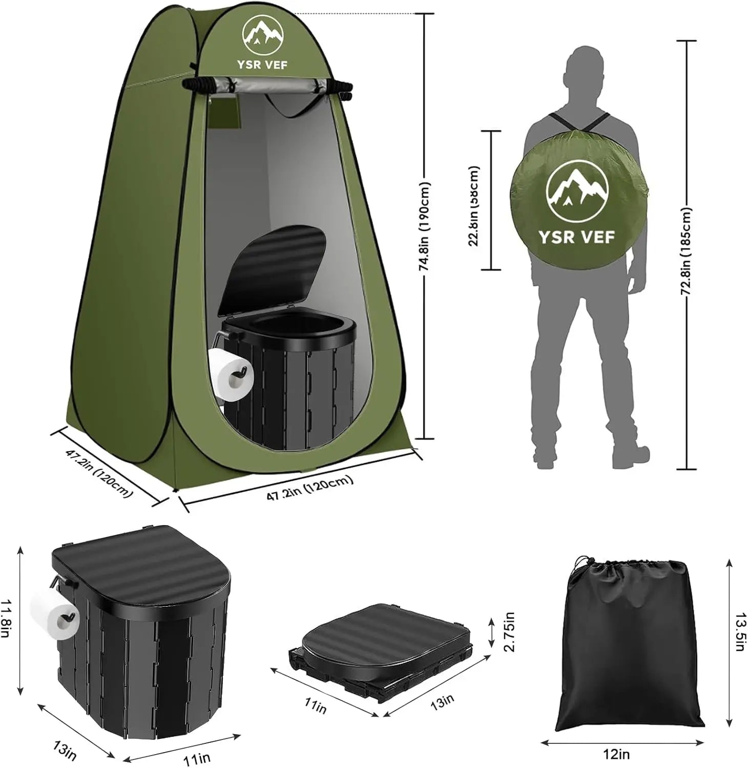 Portable Pop-Up Camping Toilet Tent with Shower & Changing Room, Includes Toilet Bags and Gel