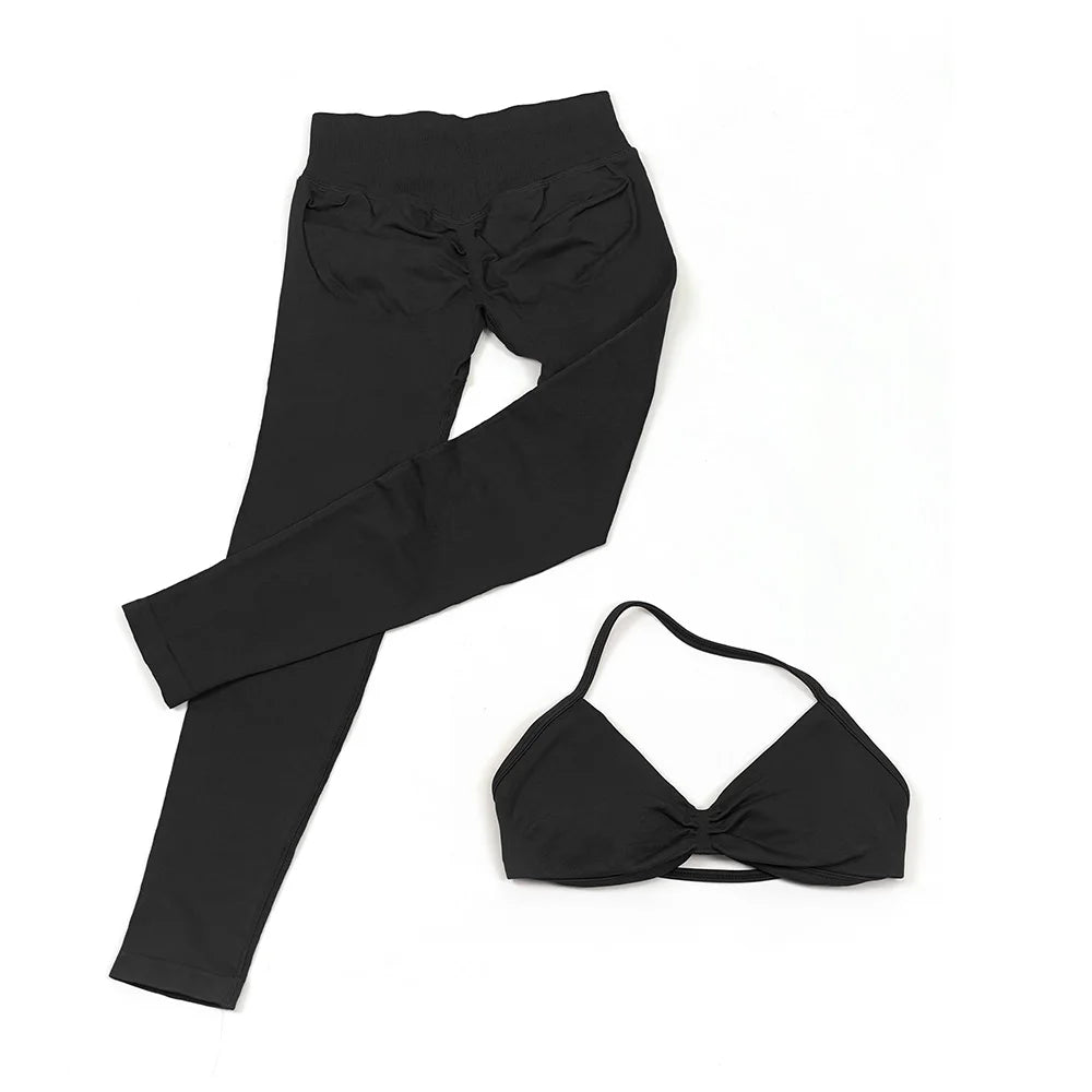 Seamless 2 Pieces Strappy Yoga Halter Bras Sets