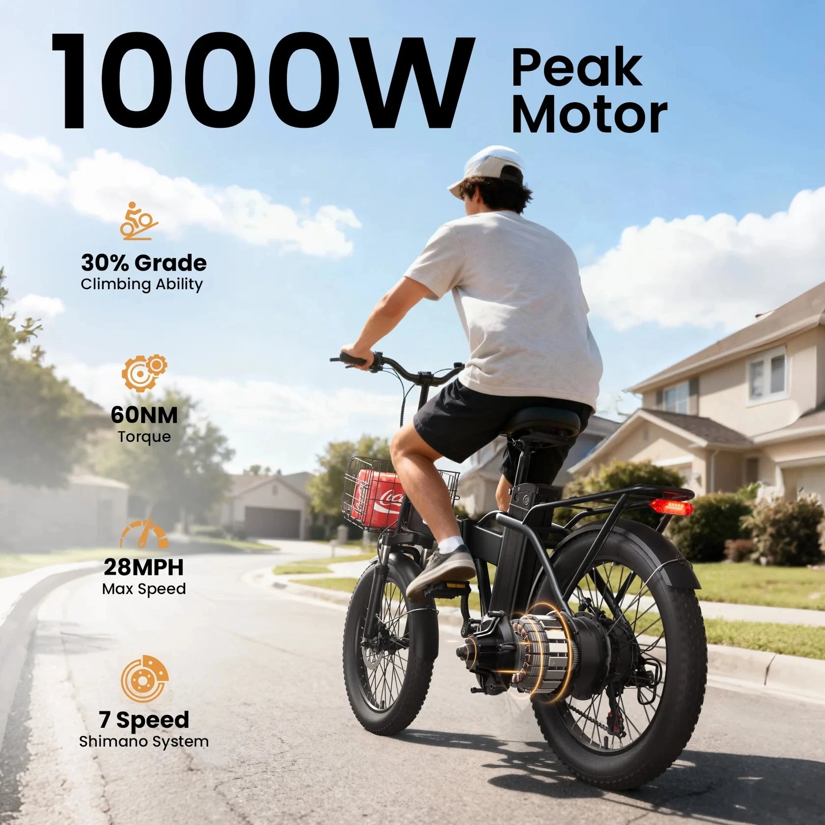 QRONGE Waterfall Folding Electric Bike 1000W Peak 48V 13.5AH Removable Battery Electric Bicycle 20" Fat Tire 28 MPH